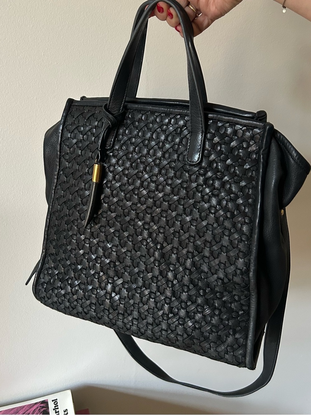 Black Woven Leather Tote with Adjustable Shoulder Strap